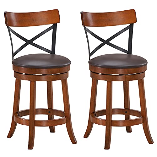 COSTWAY Bar Stool Set of 2, 360-Degree Swivel Solid Wood Stools with Soft Cushion & Backrest, 25ÓHeight Kitchen Counter Bar Stools for Kitchen Island, Pub, and Restaurant (2, 25 inch)