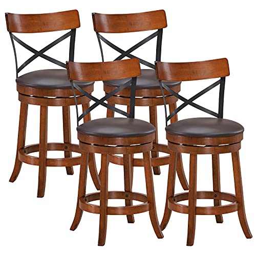 COSTWAY Bar Stool Set of 4, 360-Degree Swivel Solid Wood Stools with Soft Cushion & Backrest, 25ÓHeight Kitchen Counter Bar Stools for Kitchen Island, Pub, and Restaurant (4, 25 inch)