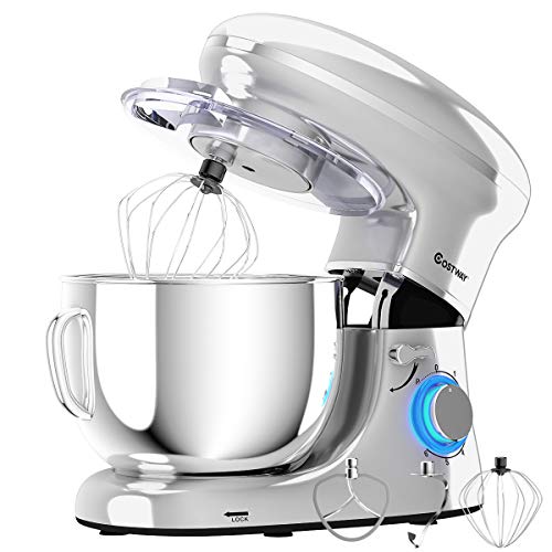 COSTWAY Stand Mixer, 660W Electric Kitchen Food Mixer with 6-Speed Control, 6.3-Quart Stainless Steel Bowl, Dough Hook, Beater, Whisk (Silver-update)