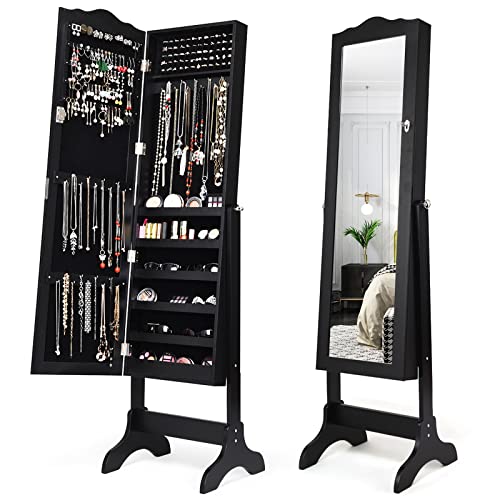 COSTWAY Mirror Jewelry Cabinet Armoire, 4-Angle Tilting Jewelry Organizer with Full-length Mirror and Large Storage Capacity, Lockable Standing Jewelry Armoires for Bedroom, Dressing Room (Black)