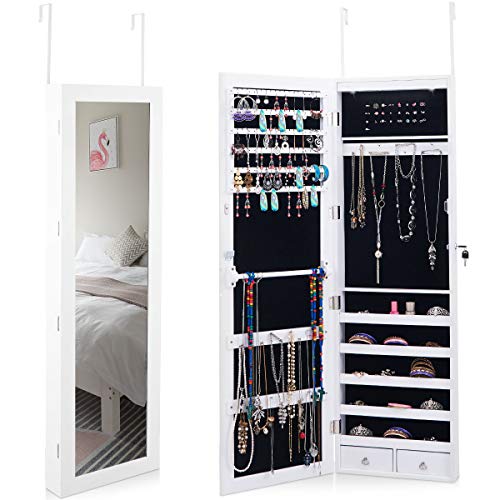 COSTWAYUS COSTWAY Wall Door Mounted Mirror Jewelry Cabinet Lockable Armoire Organizer w/LED Light, White