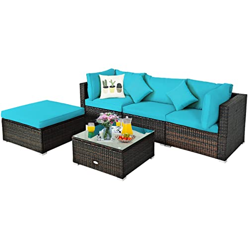 COSTWAY 5PCS Outdoor Patio Rattan Furniture Set Sectional Conversation Turquoise Cushion