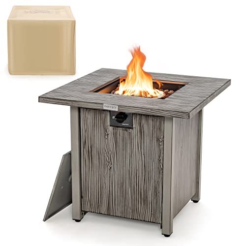 COSTWAY 28" Propane Fire Pit Table, 40,000 BTU Outdoor Propane Gas Fire Table with Wood-Like Tabletop, Lid and Lava Rocks, Square Propane Firepit for Poolside, Garden, Balcony