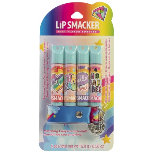 Lip Smacker Flavored Lip Balm & Rainbow Lanyard Set, Classic Flavors | For Kids | Stocking Stuffer | Christmas Gift | 4 Count(Pack of 1)