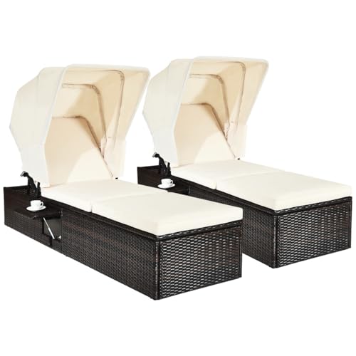 COSTWAY 2PCS Patio Rattan Lounge Chair Chaise Cushioned Top Canopy Adjustable Tea Table