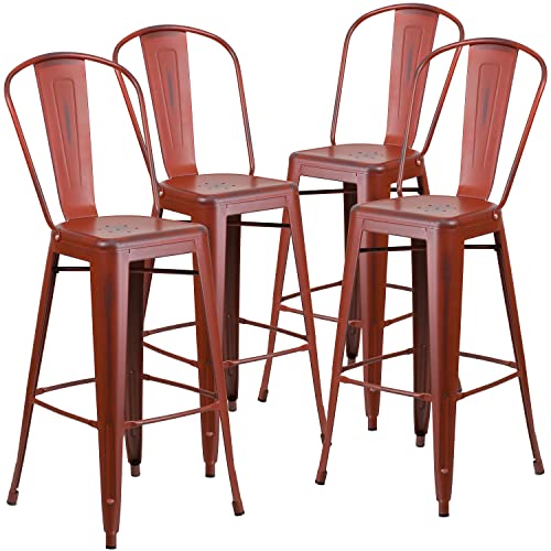 Flash Furniture Blake Commercial Grade 4 Pack 30" High Distressed Kelly Red Metal Indoor-Outdoor Barstool with Back