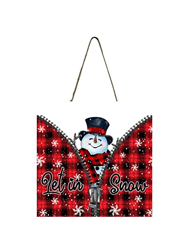 Red Plaid Zipper Snowmen Christmas Ornament Wood Mini Sign 5" x 5"