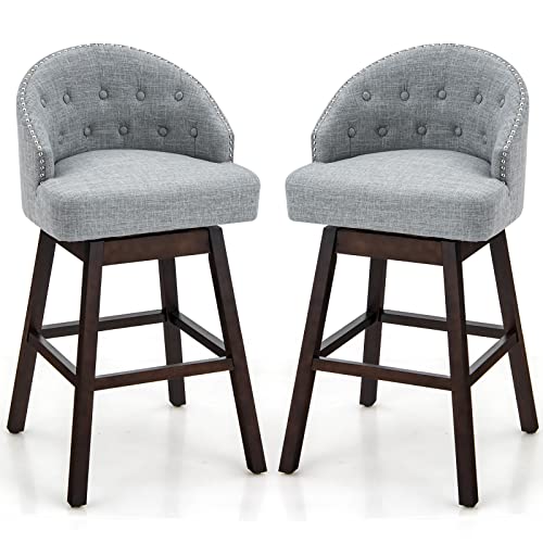 COSTWAY Bar Stools Set of 2, 31ÕÕ Swivel Bar Stools with Rubber Wood Legs & Padded Back, Breathable Linen Fabric, Stylish Tufted Design & Rivet Decoration, Adjustable Foot Pads (2, Grey + Brown)