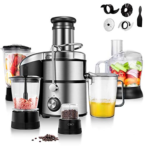 COSTWAY Electric 5-in-1 Professional Food Processer and Juicer Combo, 800W Powerful Motor with 2-Speed, Food Grade Material includes Wide Mouth Centrifugal Juicer, Smoothie Blender, Blender, Chopper Grinder, Meat Grinder and Dough Blender