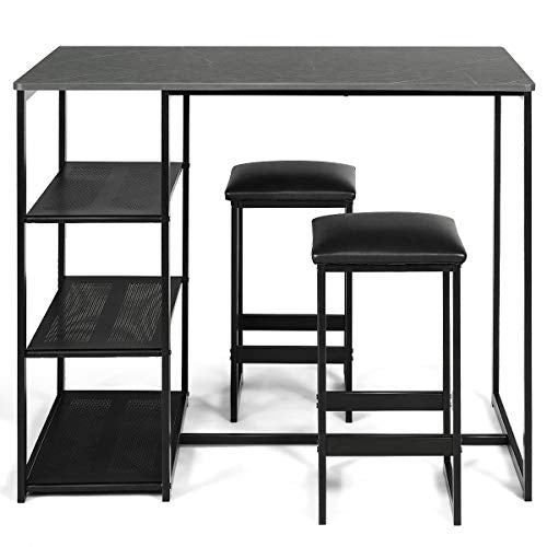 COSTWAY 3-Piece Dining Set, Compact 2 Chairs and Table Set, Kitchen Set with Rectangular Faux Marble, 3 Metal Storage Shelves, Fashionable Simple Style, Kitchen Counter Height Table Set (Black)