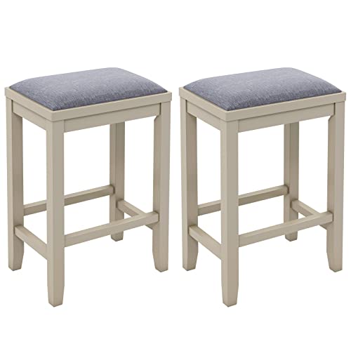 COSTWAY Upholstered Saddle Stools Set of 2, 25-inch Height Vintage Counter Height Chairs with Solid Wood Legs, Modern Backless Design Indoor Bar Stools for Kitchen, Dining, Pub and Bistro, White