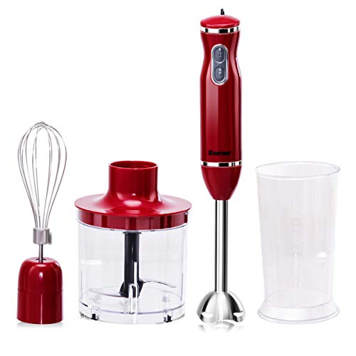 COSTWAY 4-in-1 Hand Blender 300W 2-Speed Electric Multifunctional Immersion Stick Blender w/ 500ml Food Chopper, Egg Whisk, and 700ml Beaker (Red)