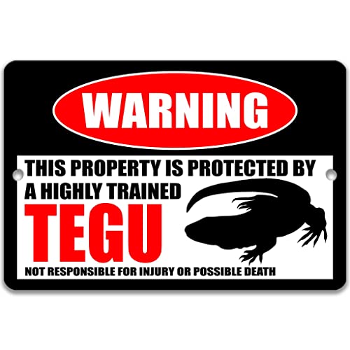 Tegu Protected Property Sign, Funny Lizard Metal Warning Sign, Novelty Gift, Pet Reptile Cage