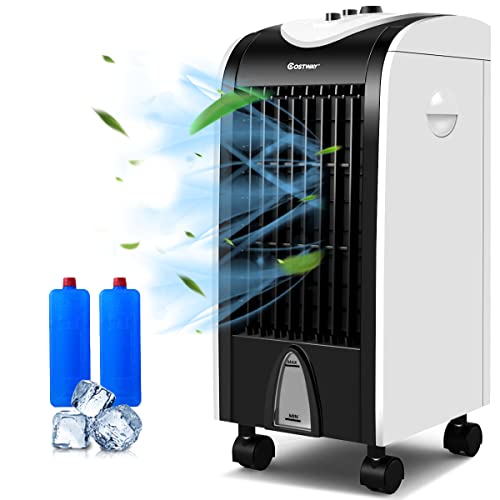 COSTWAY Portable Evaporative Air Cooler, 3-in-1 Swamp Cooler with 2 Ice Packs, 3-Speed and 4L Water Tank, Quiet Small Air Cooler Fan for Room Home Office, White