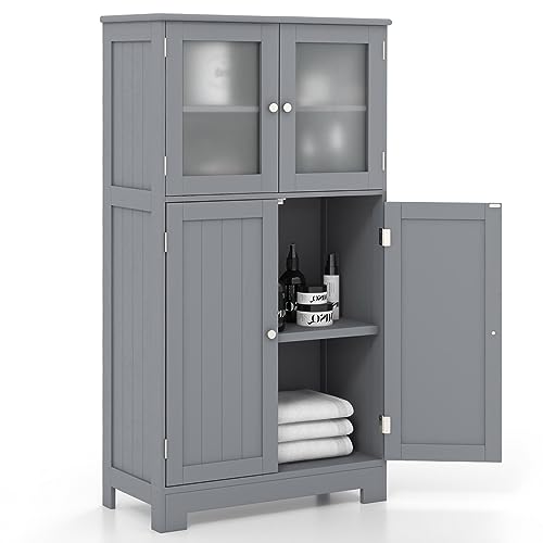 COSTWAY Bathroom Storage Cabinet, Wooden Linen Storage Organizer Cupboard with Doors & Adjustable Shelf, Freestanding Floor Cabinet for Living Room, Kitchen, Entryway, Office (Grey)