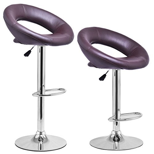 COSTWAY Set of 2 Modern Leather Bar Stool Hydraulic Swivel Dinning Chair Pub Barstools (Brown)