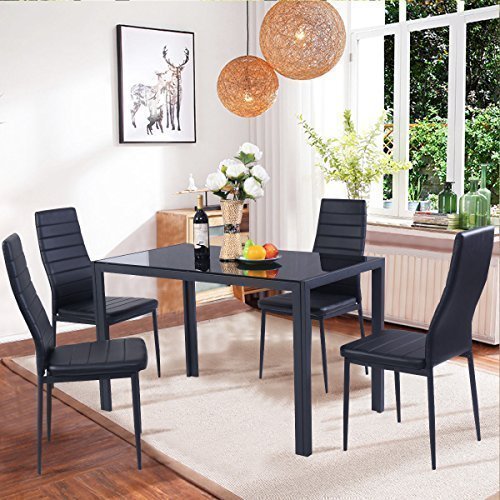 COSTWAY New 5 Piece Kitchen Dining Set Glass Metal Table and 4 Chairs Breakfast Furniture