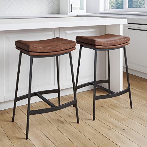 Nathan James Arlo Modern Backless Upholstered Kitchen Counter Bar Stool with Double-Layered Saddle Seat and Black Metal Base, Brown/Matte Black, Set of 2