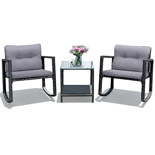 COSTWAY 3PCS Patio Rattan Furniture Set Rocking Chairs Cushioned Sofa Gray