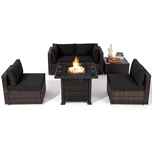 COSTWAY 6PCS Patio Rattan Furniture Set 32" Fire Pit Table W/Cover Cushioned Black