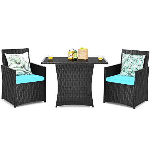 COSTWAY 3PCS Patio Rattan Furniture Set Cushion Sofa Armrest Garden Turquoise