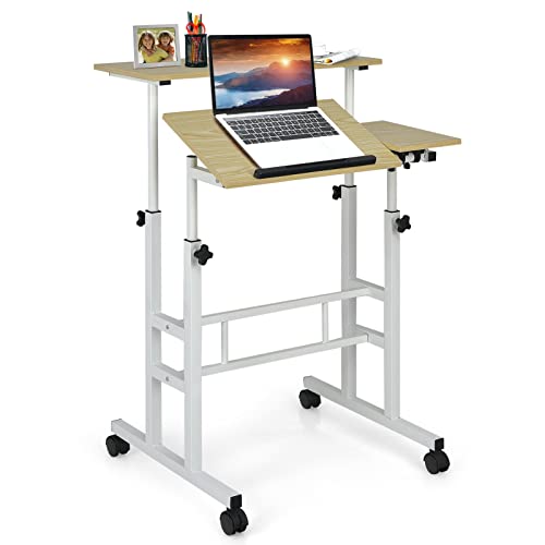 COSTWAY Mobile Standing Desk, Laptop Cart with Flip-Over Desktop, Overbed Table with Wheels, Computer Desk for Standing or Sitting, Height Adjustable Workstation for Home & Office (Natural)