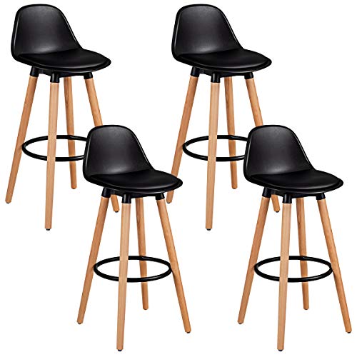 COSTWAY Bar Stools Set of 4, Modern Armless Kitchen Stool with Soft PU Leather Seat, Bar Height Stool with Round Metal Footrest & Comfortable Curved Backrest for Home, Dining Hall (Black, 4)