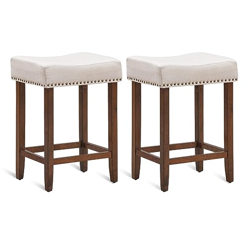 COSTWAY Counter Height Bar Stools Set of 2, 24-inch Height Backless Saddle Stools with Brass Nailhead Trim, Thick Cushion, Solid Wood Legs, Modern Bar Stools for Kitchen Island Bistro, Beige