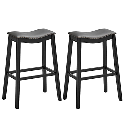 COSTWAY Counter Height Bar Stools Set of 2, 29-Inch Height Backless Saddle Stool with Rubber Wood Legs, Cushioned Seat and Footrest, PVC Leather Makeup Chair for Kitchen Island Dining Room, Black