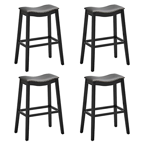 COSTWAY Counter Height Bar Stools Set of 4, 29-Inch Height Backless Saddle Stool with Rubber Wood Legs, Cushioned Seat and Footrest, PVC Leather Makeup Chair for Kitchen Island Dining Room, Black