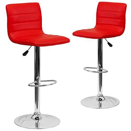 Flash Furniture Vincent 2 Pack Modern Red Vinyl Adjustable Bar Stool with Back, Counter Height Swivel Stool with Chrome Pedestal Base