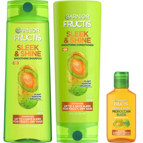Garnier Fructis Sleek & Shine Shampoo, Conditioner + Moroccan Sleek Oil Set for Frizzy, Dry Hair, Argan Oil (3 Items), 1 Kit (Packaging May Vary)