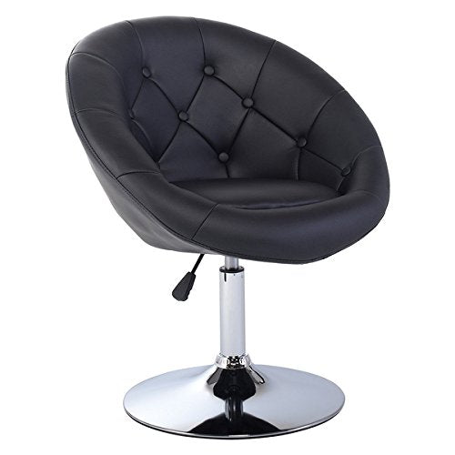 Costway 1PC Adjustable Modern Swivel Round Tufted Back Accent Chair PU Leather Black