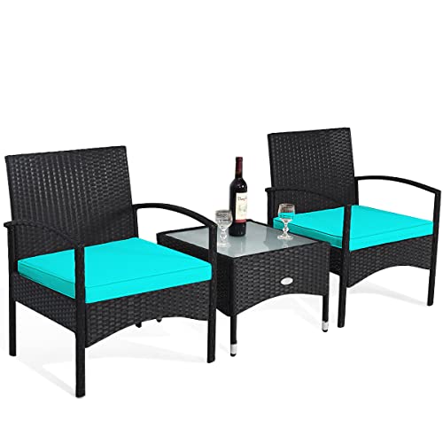 COSTWAY 3 PCS Patio Wicker Rattan Furniture Set Coffee Table & 2 Rattan Chair W/Turquoise Cushion