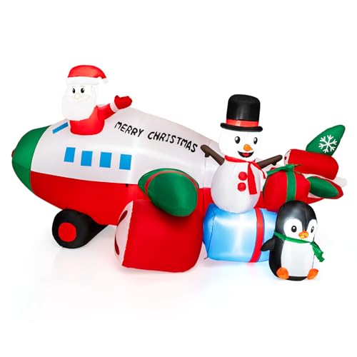 COSTWAY 9FT Christmas Inflatable Decoration, Blow up Santa Claus on Helicopter with Built-in LED Lights, Snowman, Penguin & Gift Box