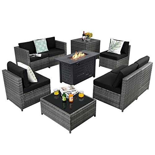 COSTWAY 9 PCS Wicker Sofa Rattan Furniture Set w/Propane Gas Fire Pit 60,000 Btu Heater, Black