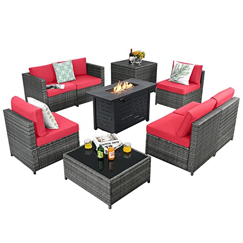 COSTWAY 9PCS Wicker Sofa Rattan Furniture Set w/Propane Gas Fire Pit 60,000 Btu Heater, Red