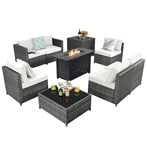 COSTWAY 9 PCS Wicker Sofa Rattan Furniture Set w/Propane Gas Fire Pit 60,000 Btu Heater, White