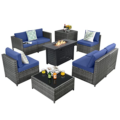 COSTWAY 9 PCS Wicker Sofa Rattan Furniture Set w/Propane Gas Fire Pit 60,000 Btu Heater, Navy