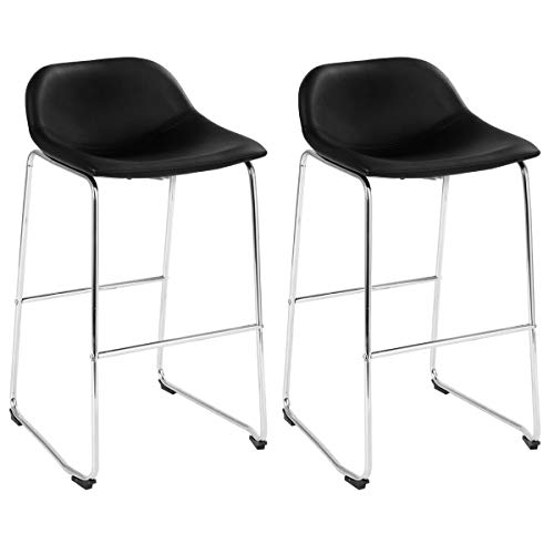 COSTWAY Set of 2 Bar Stools Modern Contemporary PU Leather Bar Height Armless Padded Seat Pub Bistro Kitchen Dining Side Chair Barstools with Metal Legs (Black+Silver)