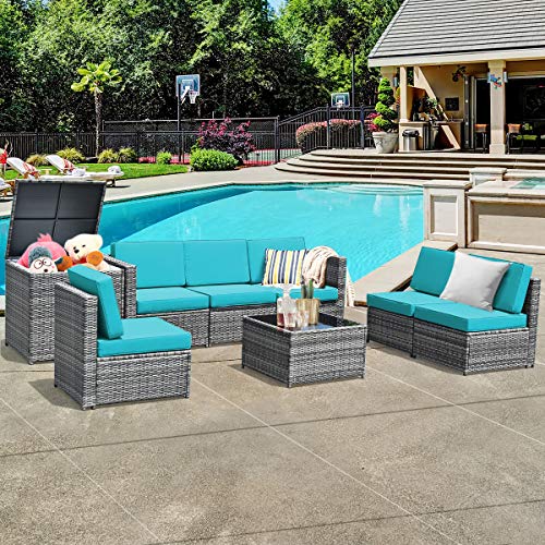 COSTWAY 8 PCS Wicker Sofa Rattan Furniture Set Patio Furniture w/Storage Table Turquoise