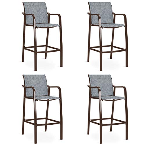 COSTWAY Bar Stools, Counter Height Stool Steel,Frame Sling Dining Chairs for Indoor Outdoor Patio Backyard Kitchen Furniture Set with Armrest (Set of 4, Gray)