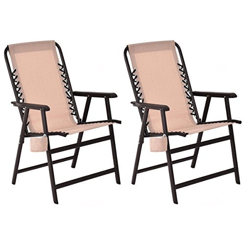 Costway Set Of Two Folding Outdoor Arm Chair Steel Frame W/ Cup Holder Beige