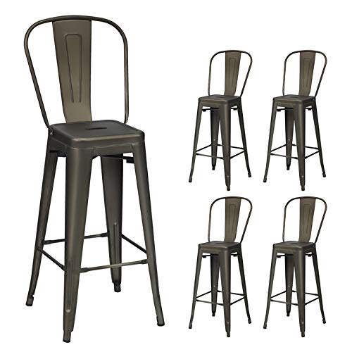 COSTWAY Metal Bar stools Set of 4, with Removable Back, 30'' Bar Height Stools with Rubber Feet, Stylish and Modern Chairs, for Kitchen, Dining Rooms, and Side Bar (Gun-Update, 30'')