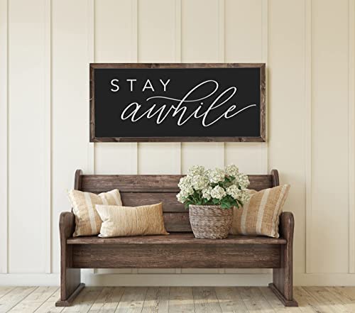 Farmhouse Sign, Stay Awhile Sign, Farmhouse Home Decor, Entryway Sign, Home Decor Sign, Wood Framed Sign, Rustic Wall Art, Signs for Home (40x18, Black Sign)