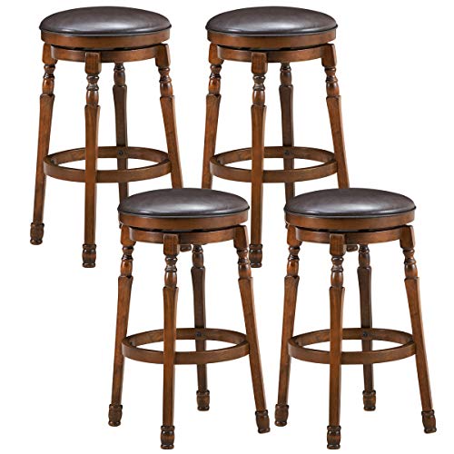 COSTWAY Backless Bar Stools Set of 4, 29-Inch Counter Height Round Stool with 360¡ Swivel Cushioned Seat, Soft PU Leather Barstool with Sturdy Natural Rubber Wood, Easy Assemble for Home Pub Cafe