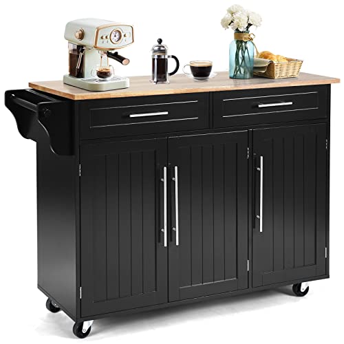 COSTWAY Mobile Kitchen Island Cart, Rolling Storage Trolley with Towel Bar, 2 Deep Drawers, 3 Door Cabinets, Swivel Casters, Rubber Wood Top, Ideal for Kitchen, Dining Room, Restaurant, Cafe (Black)