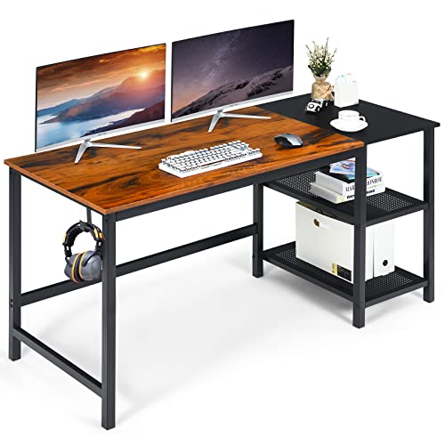 COSTWAY 59Ó Computer Desk, with 2 Removable Storage Shelves, Industrial Writing Workstation with Headphone Hook, for Home Office, Gaming Desk (Rustic Brown)