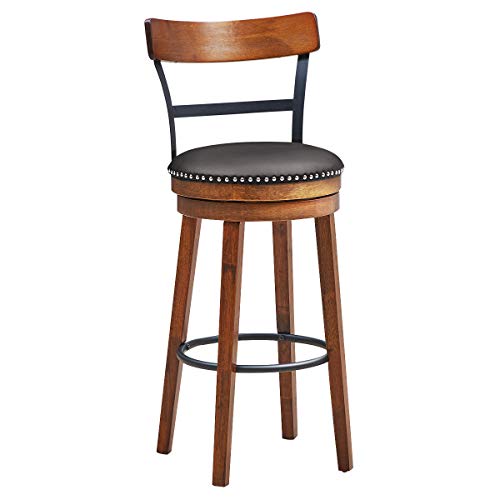 COSTWAY Bar Stools, 360-Degree Swivel Stools with Leather Padded Seat, Single Slat Ladder Back & Solid Rubber Wood Legs, Bar Height Stools for Pub, Restaurant, Kitchen, Brown (1, 30.5)