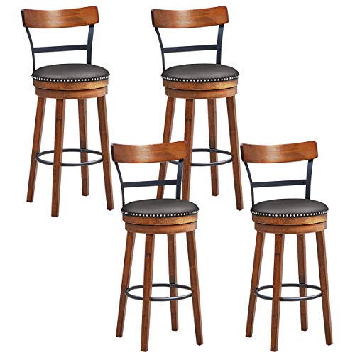 COSTWAY Bar Stools Set of 4, 360-Degree Swivel Stools with Leather Padded Seat, Single Slat Ladder Back & Solid Rubber Wood Legs, Bar Height Stools for Pub, Restaurant, Kitchen, Brown (4, 30.5)